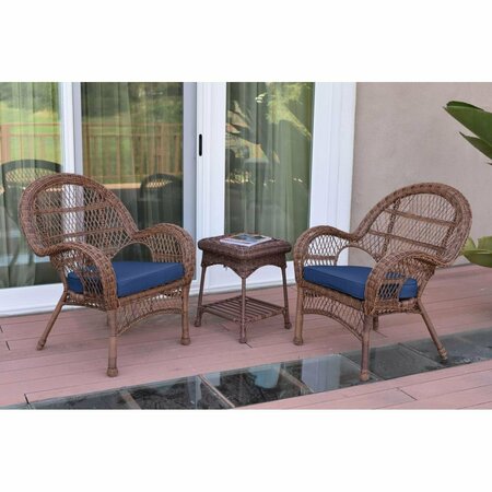 JECO W00210-2-CES011 3 Piece Santa Maria Honey Wicker Chair Set, Blue Cushion W00210_2-CES011